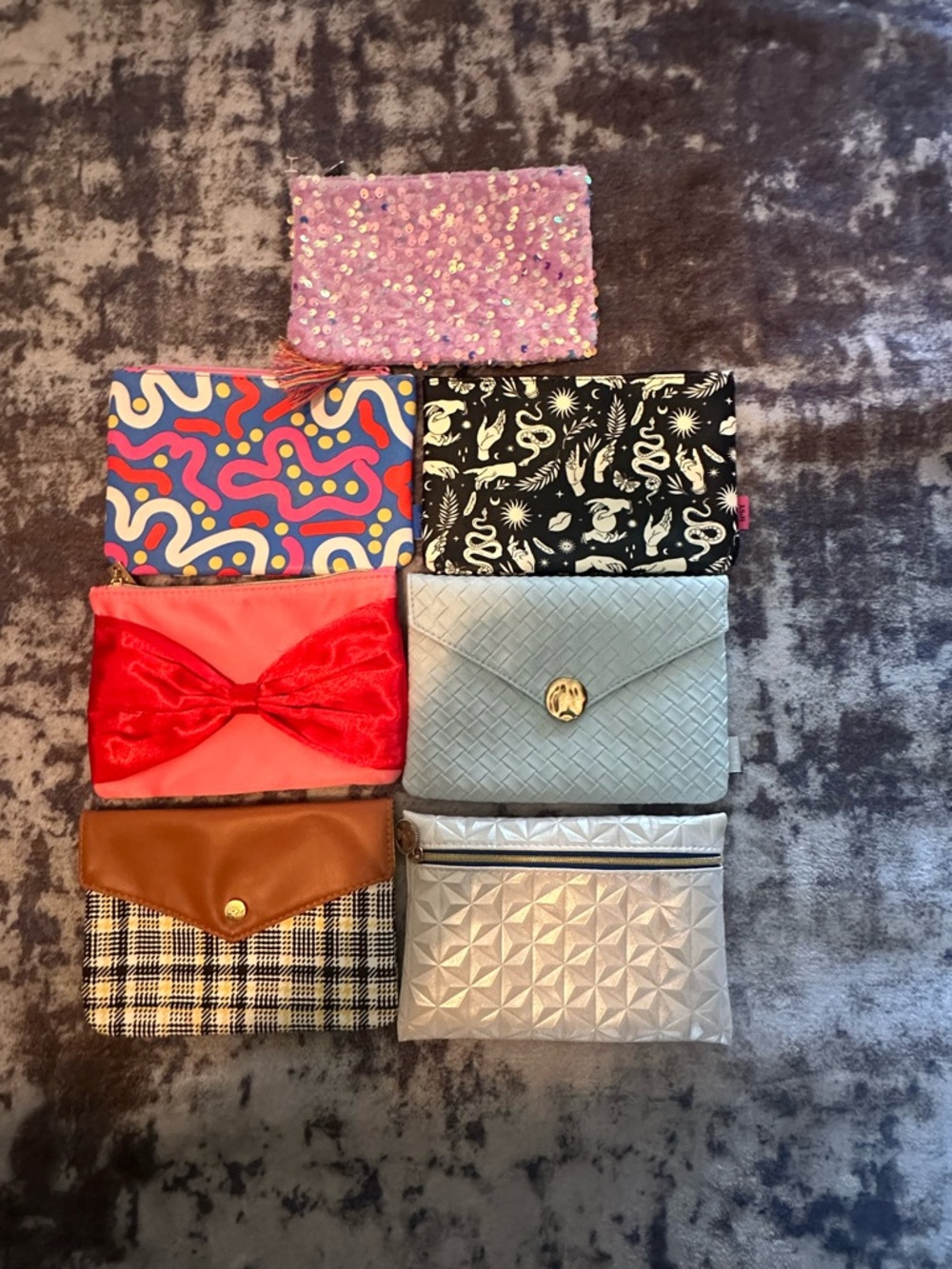 Set of 7 Assorted Makeup Pouches - Pink, Black, Red, Silver, Tan, Blue, White
